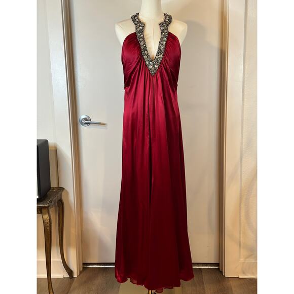 Vintage Y2K Marc Bouwer 100% Silk Maxi Dress Beaded V-Neck Red Cocktail Party 10 - Picture 2 of 14